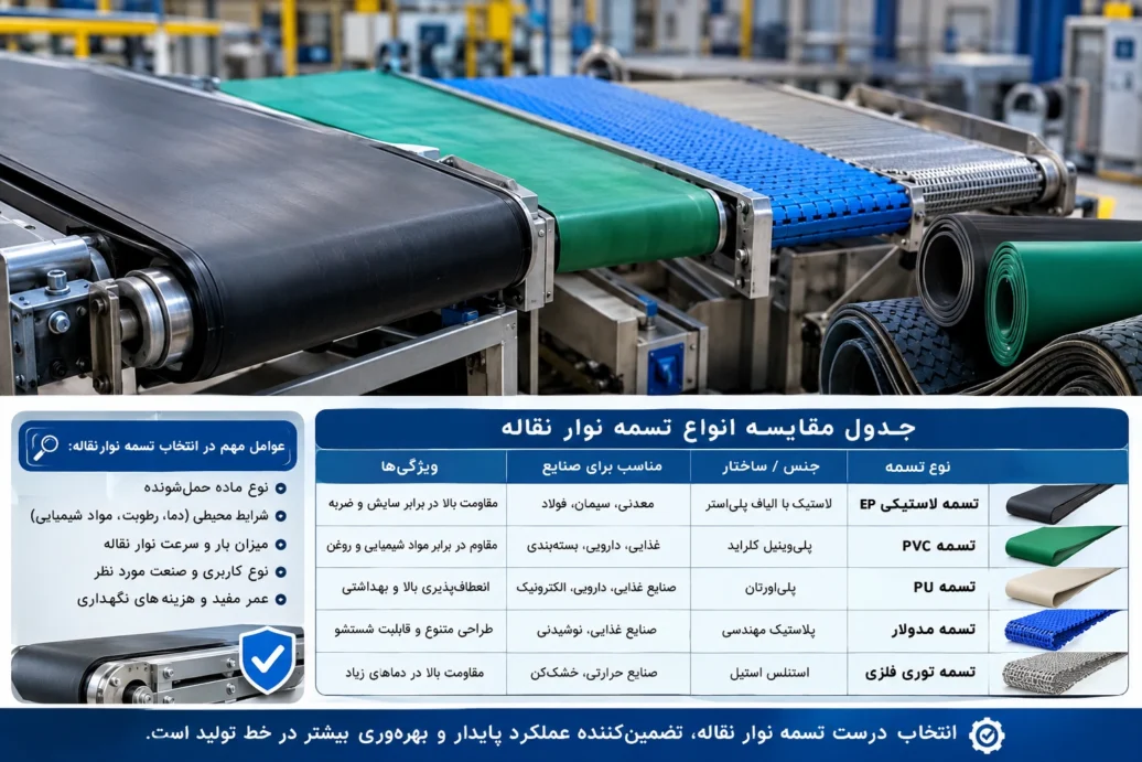 راهنمای جامع انتخاب تسمه نوار نقاله مناسب برای صنایع مختلف + جدول مقایسه